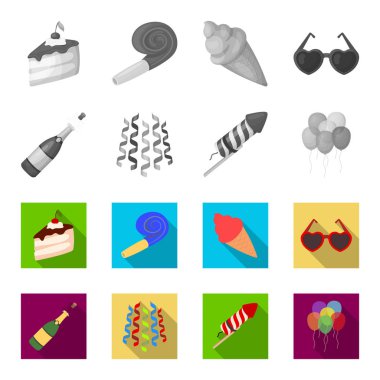 Şampanya, havai fişek ve parti diğer aksesuarları. Parti ve partits tek renkli, düz stil vektör simge stok çizim web simgeler ayarla.