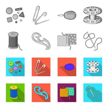 Bir makara ile konu, bir iğne, bir curl, kumaş dikiş. Dikiş veya araçları terzilik tek renkli, düz stil vektör simge stok çizim web simgeler ayarla.