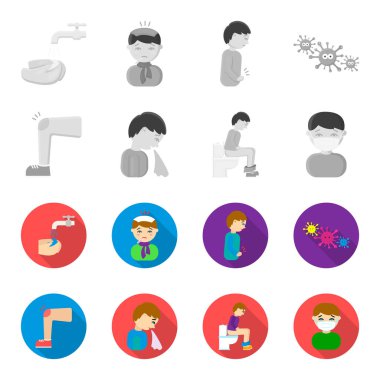Bir ayak ile tıbbi maskeli bir adam tuvalette, oturan bir adam hasta, hapşırma diz, bir çürük. Tek renkli, düz stil vektör simge stok çizim web hasta küme koleksiyon simgeler.