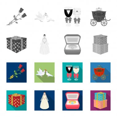 Düğün ve öznitelikler tek renkli, set koleksiyonu tasarım için düz simgeler. Sembol stok web illüstrasyon vektör yeni evliler ve aksesuarları.
