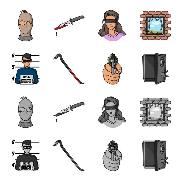 Foto van crimineel, schroot, open veilig, directionele pistool. Misdaad instellen collectie iconen in de tekenfilm, zwart-wit stijl vector symbool stock illustratie web. — Stockvector