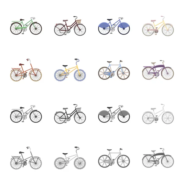 Gyermekek kerékpáros és más jellegű. Különböző kerékpárok készlet ikonok gyűjtemény rajzfilm, fekete-fehér stílus vektor szimbólum stock illusztráció web. — Stock Vector