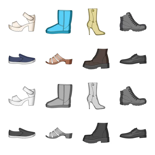 A set of icons on a variety of shoes.Different shoes single icon in cartoon, monochrome style vector web symbol stock illustration . — стоковый вектор