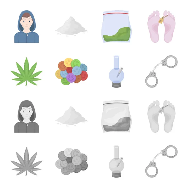 Hemp leaf, ecstasy pill, handcuffs, bong.Drug set collection icons in cartoon,monochrome style vector symbol stock illustration web. — Stock Vector