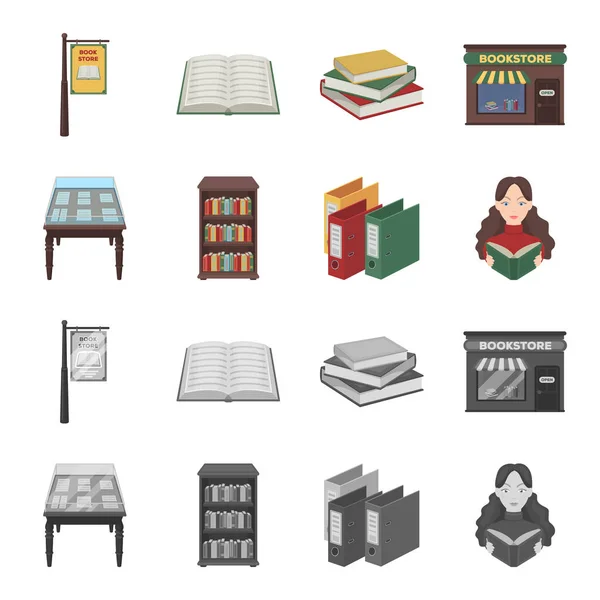 Knihkupectví a knihovny kreslené vtipy, monochromatické ikony v nastavení kolekce pro design. Knih a vybavení vektorové ilustrace symbolů akcií web. — Stockový vektor