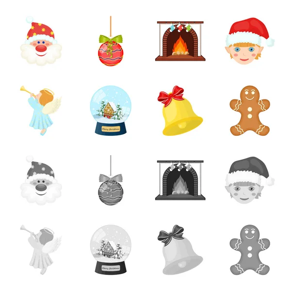 Angel, glass bowl, gingerbread and bell cartoon, monochrome icons in set collection for design. Рождественская векторная веб-иллюстрация . — стоковый вектор
