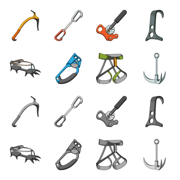 Haken, Bergsteigergeschirr, Versicherung und andere Ausrüstung. Bergsteigen Set Sammlung Symbole in Cartoon, monochromen Stil Vektor Symbol Stock Illustration Web. — Stockvektor