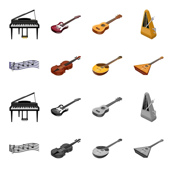 Musikinstrument-Cartoon, monochrome Ikonen in Set-Kollektion für Design. Saiten- und Blasinstrument isometrisches Vektor-Symbol Stock Web Illustration. — Stockvektor