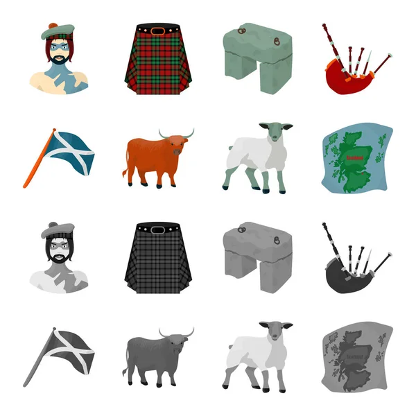 La bandera del estado de Andreev, Escocia, el toro, las ovejas, el mapa de Escocia. Escocia conjunto de iconos de colección en dibujos animados, el estilo monocromo vector símbolo stock ilustración web . — Vector de stock