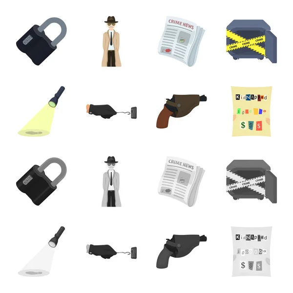 La linterna del detective ilumina la huella, la mano criminal con la llave maestra, una pistola en la funda, afirma el secuestrador. Crimen y detective conjunto de iconos de colección en dibujos animados, monocromo — Vector de stock