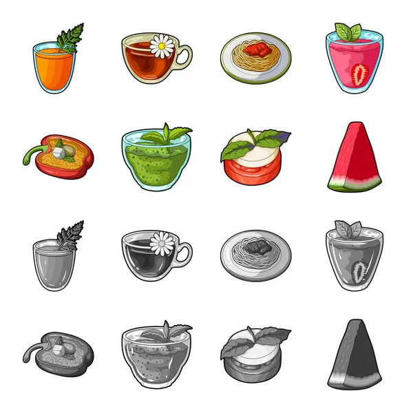 Sweet Bulgarian pepper, vitamin drink, jam with raspberry and mint leaves, a piece of watermelon. Vegetarian dishes set collection icons in cartoon,monochrome style vector symbol stock illustration — Stock Vector