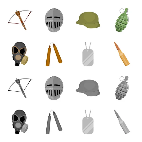 Máscara de gas, nunchak, munición, token de soldado. Armas establecen iconos de colección en dibujos animados, el estilo monocromo vector símbolo stock ilustración web . — Vector de stock