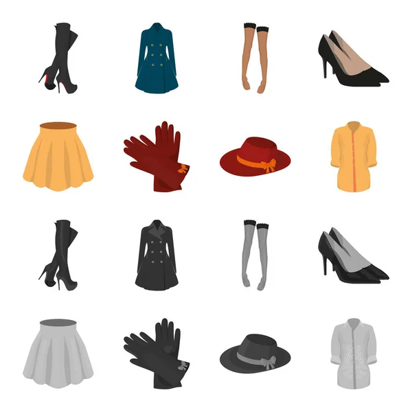 Φούστα με πτυχώσεις, γυναίκες καπέλο με ένα τόξο, δερμάτινα γάντια, πουκάμισο της βίδας. Γυναικεία ρούχα συλλογή εικόνες που σε καρτουν, μονόχρωμη στυλ διάνυσμα σύμβολο μετοχής εικονογράφηση web. — Διανυσματικό Αρχείο