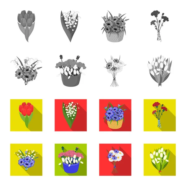 Un ramo de flores frescas monocromas, iconos planos en la colección de conjuntos para el diseño. Varios ramos vector símbolo stock web ilustración . — Archivo Imágenes Vectoriales