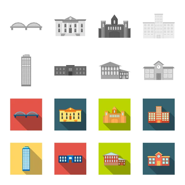 Rascacielos, policía, hotel, escuela.Iconos de colección conjunto de edificios en monocromo, vector de estilo plano símbolo stock illustration web . — Vector de stock