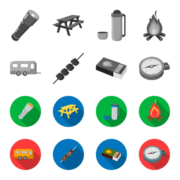 Remolque, shish kebab, cerillas, brújula. Camping conjunto colección iconos en monocromo, vector de estilo plano símbolo stock ilustración web . — Vector de stock
