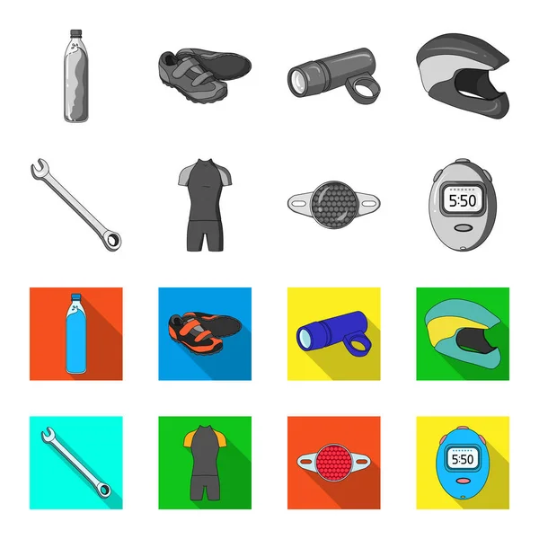 Een moersleutel, een bot voor fietsers, een reflector, een timer. Fietser outfit instellen collectie iconen in zwart-wit, vlakke stijl vector symbool stock illustratie web. — Stockvector