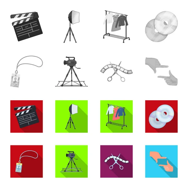 Badge, geste de l'opérateur et autres accessoires pour le film. Créer des icônes de collection de décors de film en monochrome, symbole vectoriel de style plat illustration web . — Image vectorielle