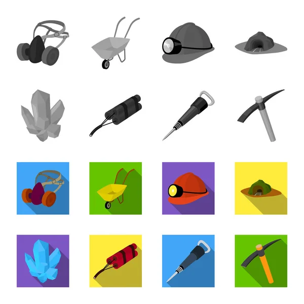 Mineralen, explosieven, jackhammer, houweel. Collectie iconen instellen in zwart-wit, vlakke stijl vector symbool stock illustratie web mijnbouw. — Stockvector