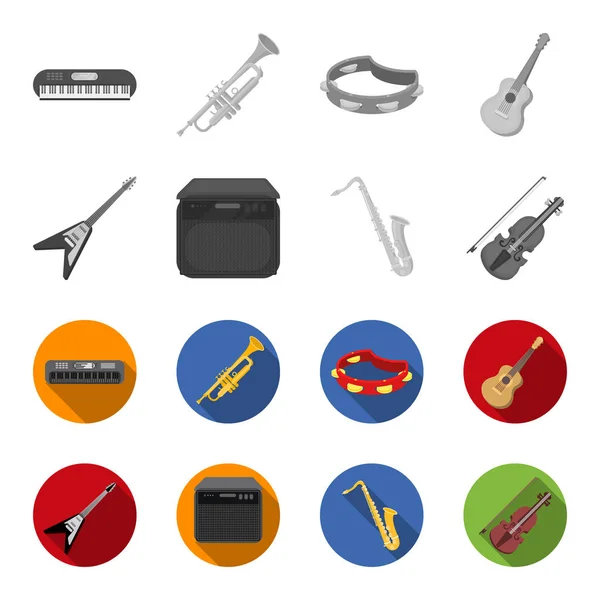 Guitarra eléctrica, altavoz, saxofón, violín. Instrumentos musicales conjunto colección iconos en monocromo, plano estilo vector símbolo stock ilustración web . — Vector de stock