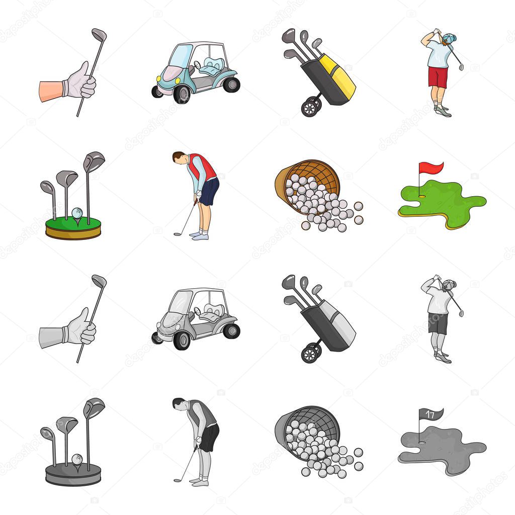 Stand for a golf club, muzhchin playing with a club, basket with balls, label with a flag on the golf course. Golf Club set collection icons in cartoon,monochrome style vector symbol stock