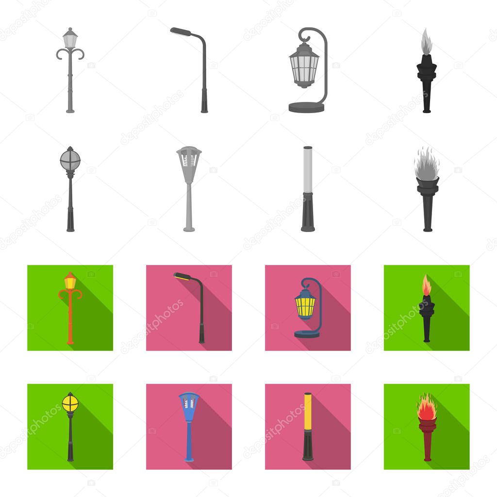 Lamppost in retro style, modern lantern, torch and other types of streetlights. Lamppost set collection icons in monochrome,flat style vector symbol stock illustration web.