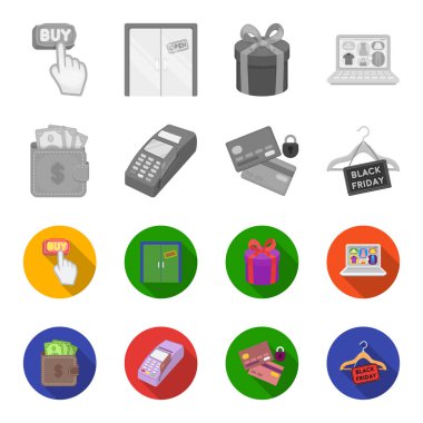 Çanta, para, touch, askı ve diğer ekipmanlar. E ticaret toplama simgeler tek renkli, düz stil vektör simge stok çizim web ayarla..