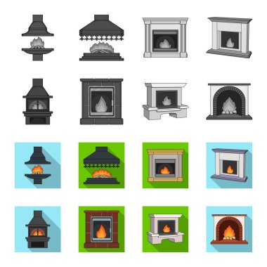 Yangın, sıcaklık ve konfor. Şömine toplama simgeler tek renkli, düz stil vektör simge stok çizim web ayarla..