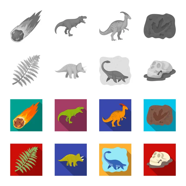 Dinosaure de mer, tricératops, plante préhistorique, crâne humain. Dinosaure et période préhistorique ensemble icônes de la collection en monochrome, plat style vectoriel symbole illustration web . — Image vectorielle