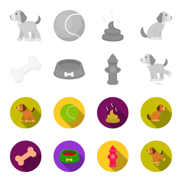 Kosti, požárního hydrantu, misku jídla, chcaní psa. Pes sada kolekce ikon v černobíle, plochý vektor symbol akcií ilustrace web. — Stockový vektor