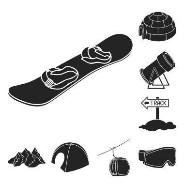 Kayak Merkezi ve ekipman set koleksiyonu tasarım için simgeler siyah. Eğlence ve Rekreasyon sembol stok web illüstrasyon vektör.