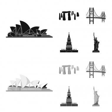 Farklı ülkelerin siyah, set koleksiyonu tasarım için monochrom simgeler görülecek. Ünlü bina sembol stok web illüstrasyon vektör.