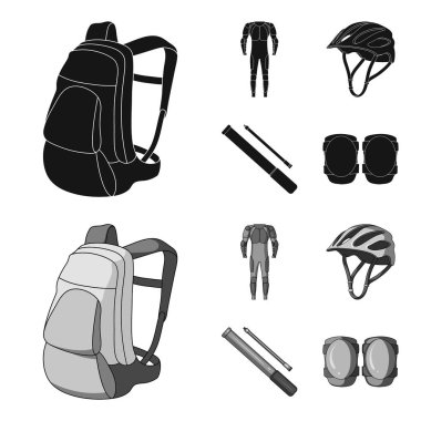 Tüm vücut takım binici, kask, pompa bir hortum ile diz koruyucular. Bisikletçi kıyafet toplama simgeler siyah, monochrom stil vektör simge stok çizim web içinde ayarla..