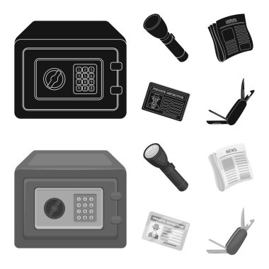 El feneri, gazete haberleri, sertifika, katlama bıçak ile. Dedektif toplama simgeler siyah, monochrom stil vektör simge stok çizim web içinde ayarla..