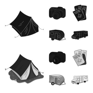 Tatil, fotoğraf, fotoğraf makinesi, pasaport. Aile tatil toplama simgeler siyah, monochrom stil vektör simge stok çizim web içinde ayarla..