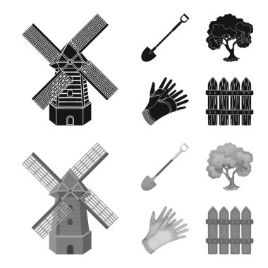 Bir çiftlikte, ahşap bir çit çalışmak için bir kürekle bir kolu, bahçede bir ağaç, eldiven. Çiftlik ve siyah, monochrom stil vektör simge stok çizim web Bahçe küme koleksiyon simgeler.