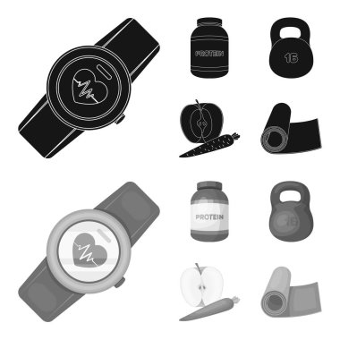 Protein, vitamin ve diğer ekipman eğitim için. Spor ve egzersiz toplama simgeler siyah, monochrom stil vektör simge stok çizim web ayarla.