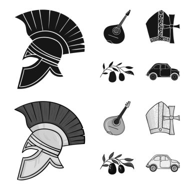 Mandolin, baba, zeytin, retro otomatik. İtalya ülke toplama simgeler siyah, monochrom stil vektör simge stok çizim web içinde ayarla..