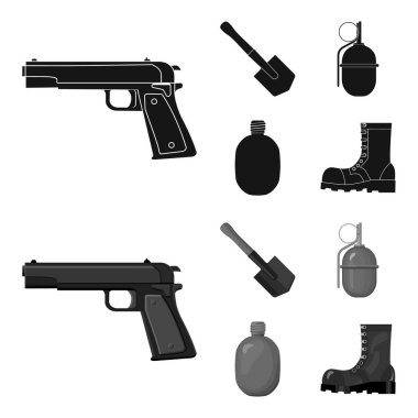 Kazmacı blade, el bombası, ordu flask, asker önyükleme. Askeri ve ordu toplama simgeler siyah, monochrom stil vektör simge stok çizim web ayarla.