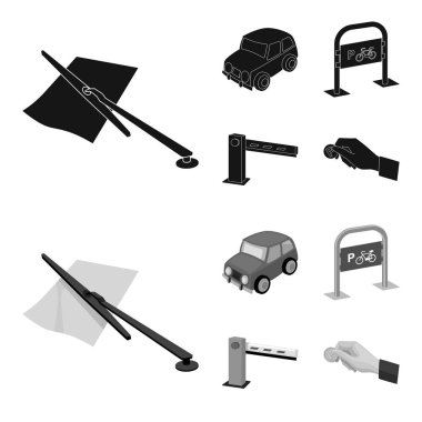 Araban, bariyer, Bisiklet park yeri, para el için ödeme Park. Buraya park edilmez toplama simgeler siyah, monochrom stil vektör simge stok çizim web içinde ayarla..