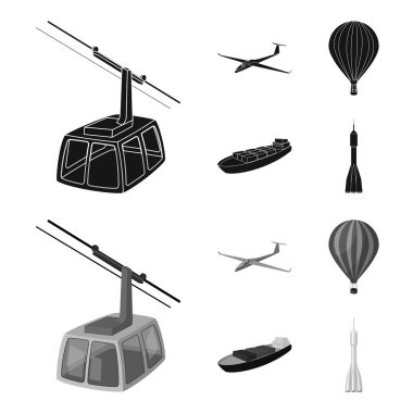 Bir dron, bir planör, bir balon, bir ulaşım mavna, bir uzay roketi taşıma modları. Taşıma kümesini simgeler siyah, monochrom stil vektör simge stok çizim web içinde.