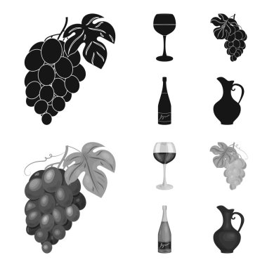 Bir bardak kırmızı şarap, şampanya, şarap bir şişe, bir grup. Şarap üretimi toplama simgeler siyah, monochrom stil vektör simge stok çizim web içinde ayarla..