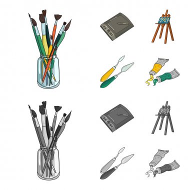 Fırçalar, bir çizim kurulu, bir tuval, boya bıçak ile bir şövale bankayla. Sanatçı ve çizgi film, tek renkli stil vektör simge stok çizim web çizim küme koleksiyon simgeler.