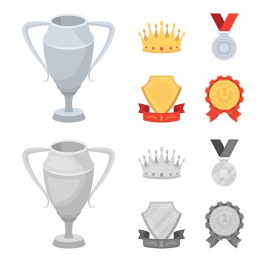 Gümüş bir kupa ile elmas, bir Madalyası ödüllü, altın bir işareti kırmızı kurdele ile altın bir taç. Ödülleri ve kupa toplama simgeler çizgi film, tek renkli stil vektör simge stok illüstrasyon ayarla