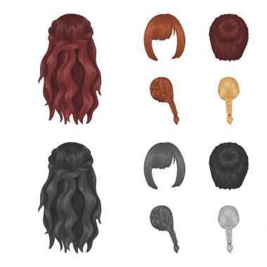 Kara, kırmızı örgü ve diğer türleri saç. Arka saç toplama simgeler çizgi film, tek renkli stil vektör simge stok çizim web ayarla..