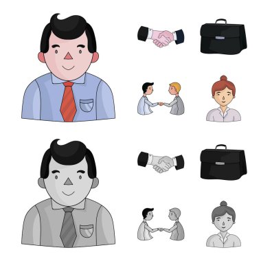 İşadamı, el sıkışma, Portföy, anlaşma. İş-konferans ve müzakerelerin çizgi film, tek renkli stil vektör simge stok çizim web simgeler ayarla.