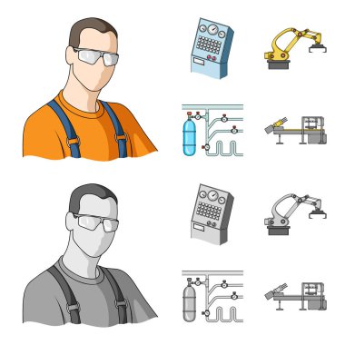 Modern ekipman ve diğer web simgesi karikatür, tek renkli stil. Tezgahlar ve ekipman fabrika simgeler kümesi koleksiyonu.