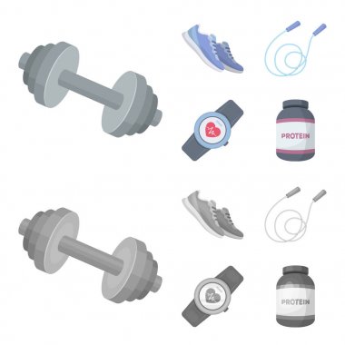 Halter, ip ve ekipman eğitim için diğer. Spor ve egzersiz çizgi film, tek renkli stil vektör simge stok çizim web simgeler ayarla.