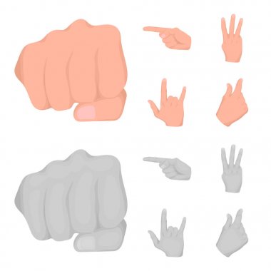 Kapalı yumruk, dizin ve diğer hareketleri. Çizgi film, tek renkli stil vektör simge stok çizim web simgeler el hareketleri ayarla.