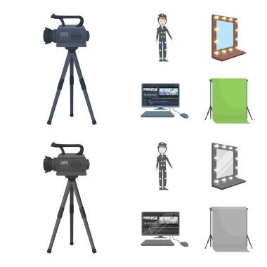 Bir film kamera, özel efektler için bir takım elbise ve diğer ekipmanlar. Karikatür koleksiyonu Icons set film yapma, tek renkli stil vektör simge stok çizimde web.